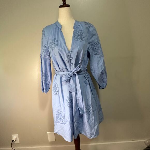 ZARA Women's Rubberized Embroidery Poplin Dress Size M In Sky Blue - Picture 4 of 12